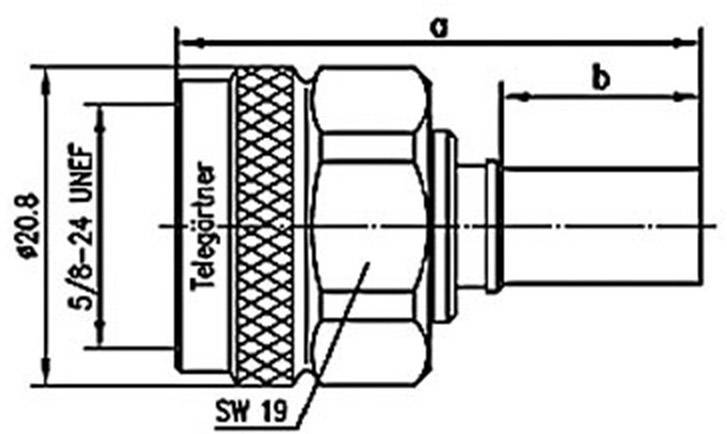 Technische Zeichnung eines Steckers mit Maßangaben: Gesamtlänge 'a', Teilabschnitt 'b', Durchmesser 'Ø20,8', Gewinde '5/8-24 UNEF'.