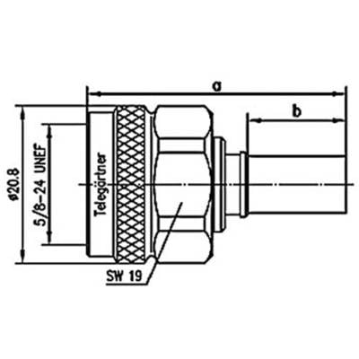 Technische Zeichnung eines Steckers mit Maßangaben: Gesamtlänge 'a', Teilabschnitt 'b', Durchmesser 'Ø20,8', Gewinde '5/8-24 UNEF'.
