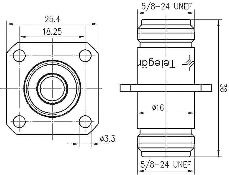 Technische Zeichnung eines Steckverbinders mit Maßen: 25,4 mm Breite, 38 mm Höhe, 5/8-24 UNEF Gewinde, Hersteller 'Telegärtner'.
