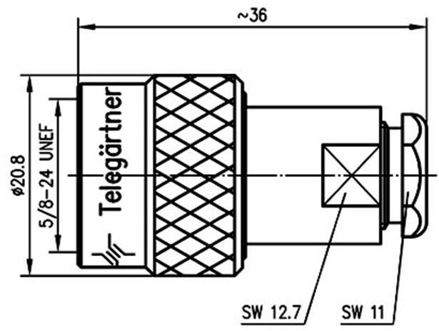 Technische Zeichnung eines Steckers mit Maßangaben: Länge ca. 36 mm, Durchmesser 20,8 mm, Anschlussgröße 5/8-24 UNEF.