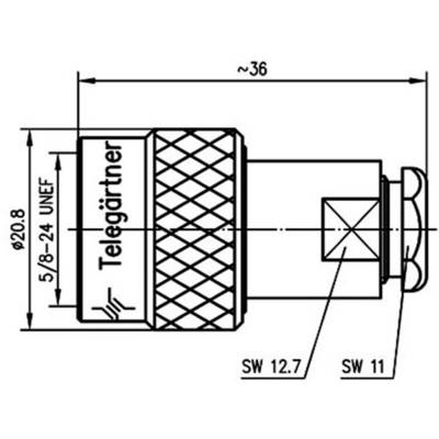 Technische Zeichnung eines Steckers mit Maßangaben: Länge ca. 36 mm, Durchmesser 20,8 mm, Anschlussgröße 5/8-24 UNEF.