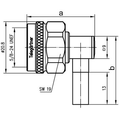 Technische Zeichnung eines rechtwinkligen Steckverbinders mit Abmessungen und Gewindeangaben. Hauptmerkmale: Durchmesser 20,8 mm, SW 19, Länge 13 mm.