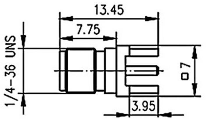 Technische Zeichnung eines Steckers mit Maßen: Gesamtlänge 13,45 mm, Breite 7,75 mm, kleinere Breite 3,95 mm, Gewinde 1/4-36 UNS.