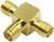 Ein goldener, vierfacher Metalladapter mit Gewinden in Kreuzform. Eignet sich zur Verbindung von vier Schläuchen oder Rohren.
