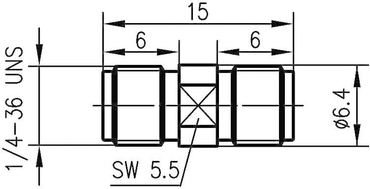Technische Zeichnung eines Verbindungselements mit den Maßen 15 mm Gesamtlänge, 6,4 mm Durchmesser, und Schlüsselweite 5,5 mm.