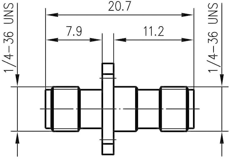 Technische Zeichnung eines Teils mit Maßen: Gesamtlänge 20,7, rechte Seite 11,2, linke Seite 7,9. Gewinde 1/4-36 UNS.