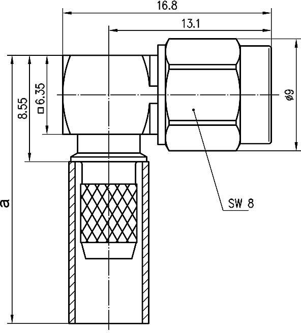 Technische Zeichnung eines Winkeladapters mit Maßen in Millimetern. Zeigt Durchmesser, Länge und Schlüsselweite 'SW 8'.