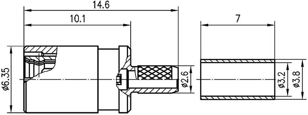 Technische Zeichnung eines zylindrischen Steckverbinders mit Abmessungen: Gesamtlänge 14,6 mm, Durchmesser 6,35 mm; Detailschnittansicht.