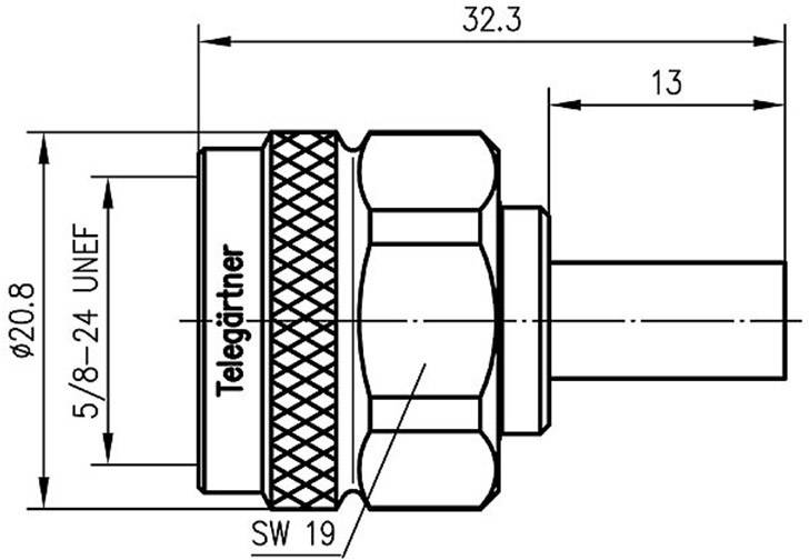 Technische Zeichnung eines Steckverbinders mit Maßen: Länge 32,3 mm, Breite 20,8 mm, Steigung 5/8–24 UNEF. Beschriftet 'Telegärtner'.