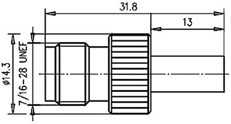 Technische Zeichnung eines Metallverbinders mit den Maßen: Gesamtlänge 31,8 mm, vorderer Durchmesser 14,3 mm, Gewinde 7/16-28 UNEF.