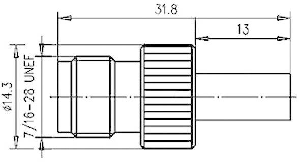 Technische Zeichnung eines zylindrischen Adapters mit Gewinde. Maße: Länge 31,8 mm, Durchmesser 14,3 mm, 7/16-28 UNEF-Gewinde.