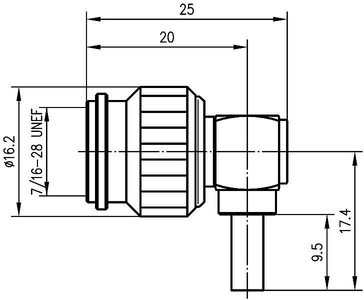 Technische Zeichnung eines Winkelfittings mit Maßangaben: Länge 25 mm, Höhe 17,4 mm, Durchmesser 16,2 mm, Gewinde 7/16-28 UNEF.