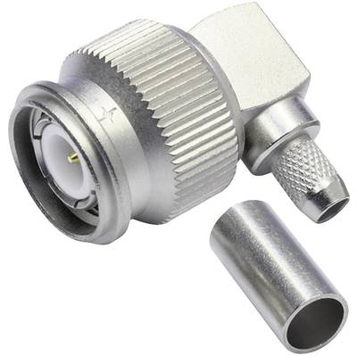 Ein silberner Koaxialstecker mit abgewinkelter Form und einem zusätzlichen Metallteil, wahrscheinlich zum Befestigen des Kabels.
