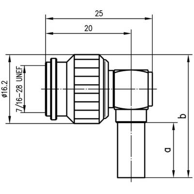 Technische Zeichnung eines 90-Grad-Rohranschlusses mit Maßen: Durchmesser 16,2 mm, Längen 20 mm und 25 mm, Gewinde 7/16-28 UNEF.