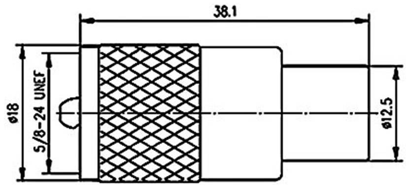 Technische Zeichnung eines zylindrischen Bauteils mit Maßen: Länge 38,1 mm, Durchmesser 18 mm; Gewinde 5/8-24 UNEF.