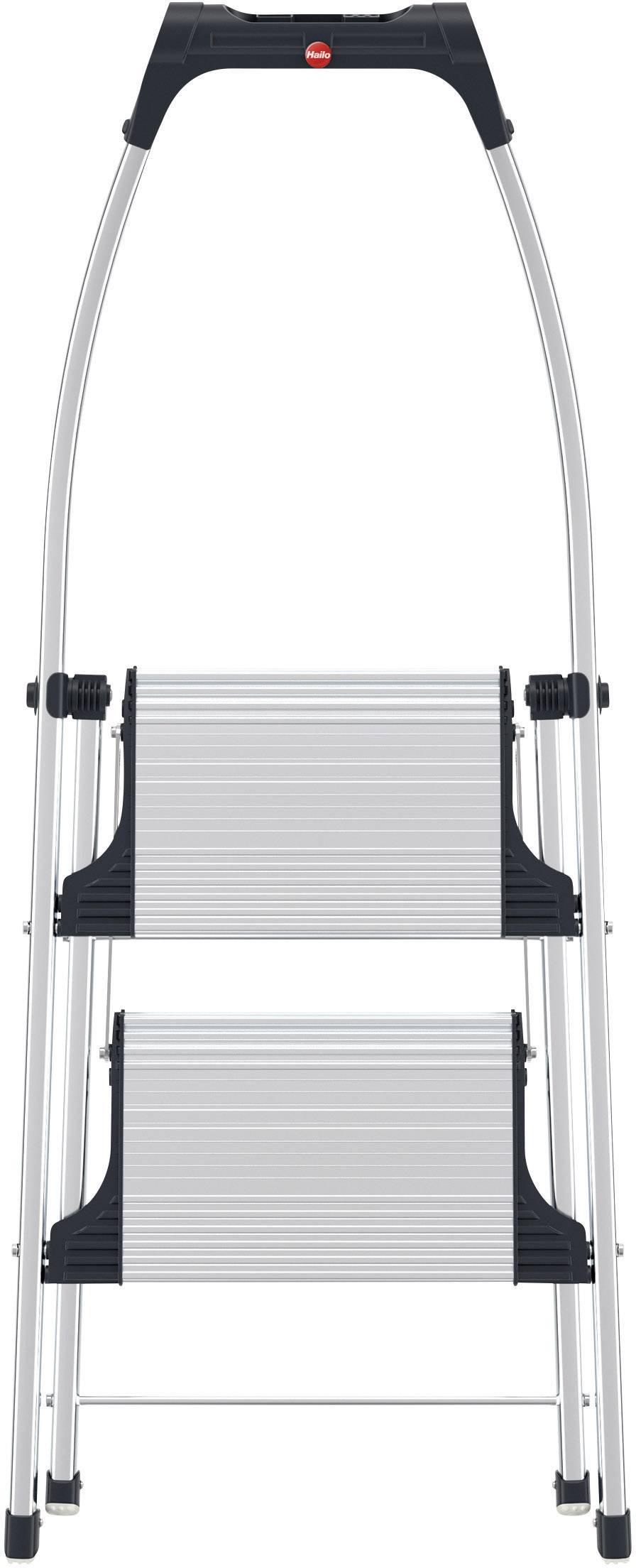 Kompakte, zusammengeklappte Trittleiter mit zwei Stufen, ideal für den Einsatz in Haushalt oder Büro.