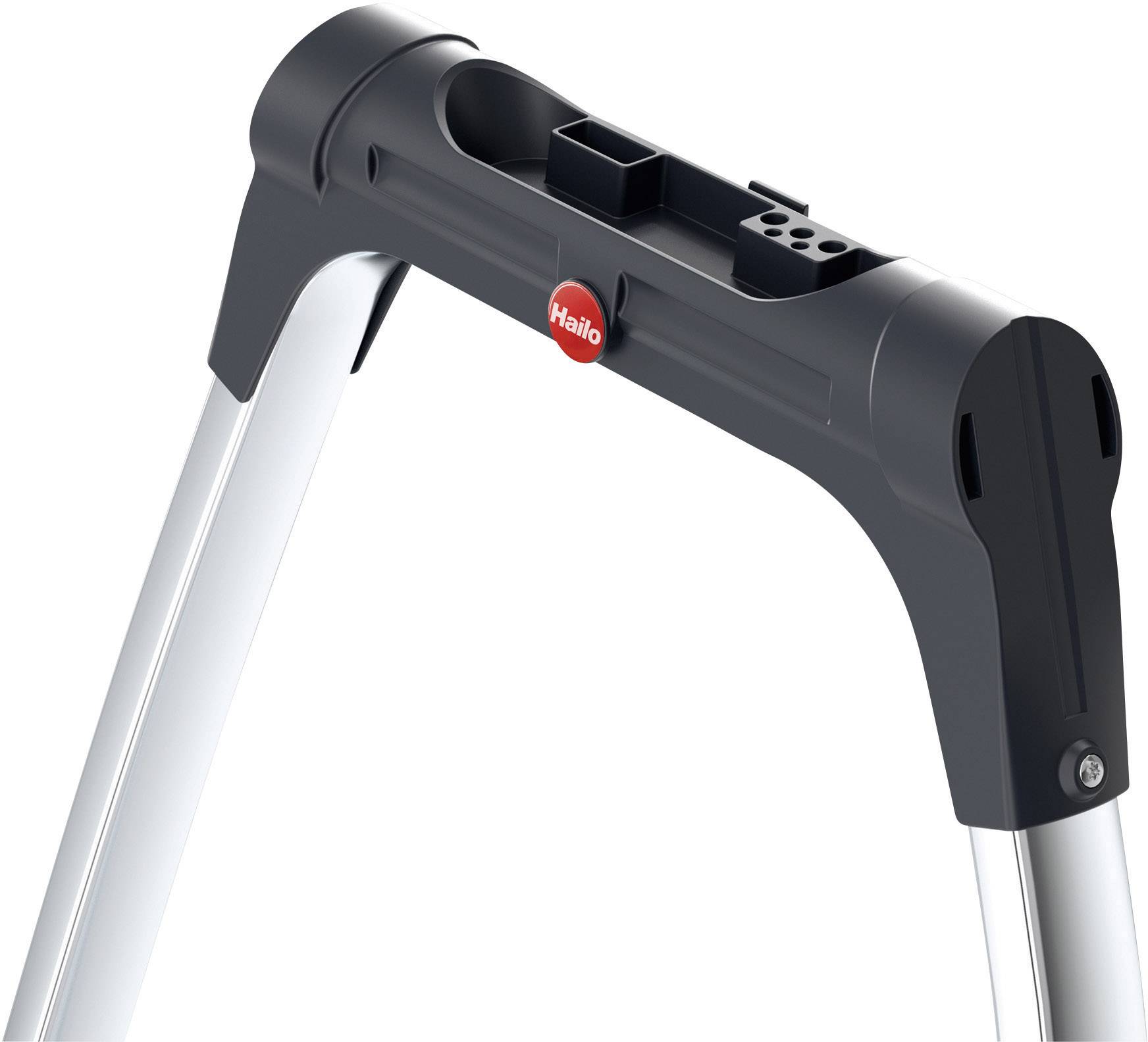 Ein Detail einer Leiter mit grauem Kunststoffgriff und rotem 'Hailo'-Logo, geeignet zum sicheren Stehen bei Arbeiten in der Höhe.