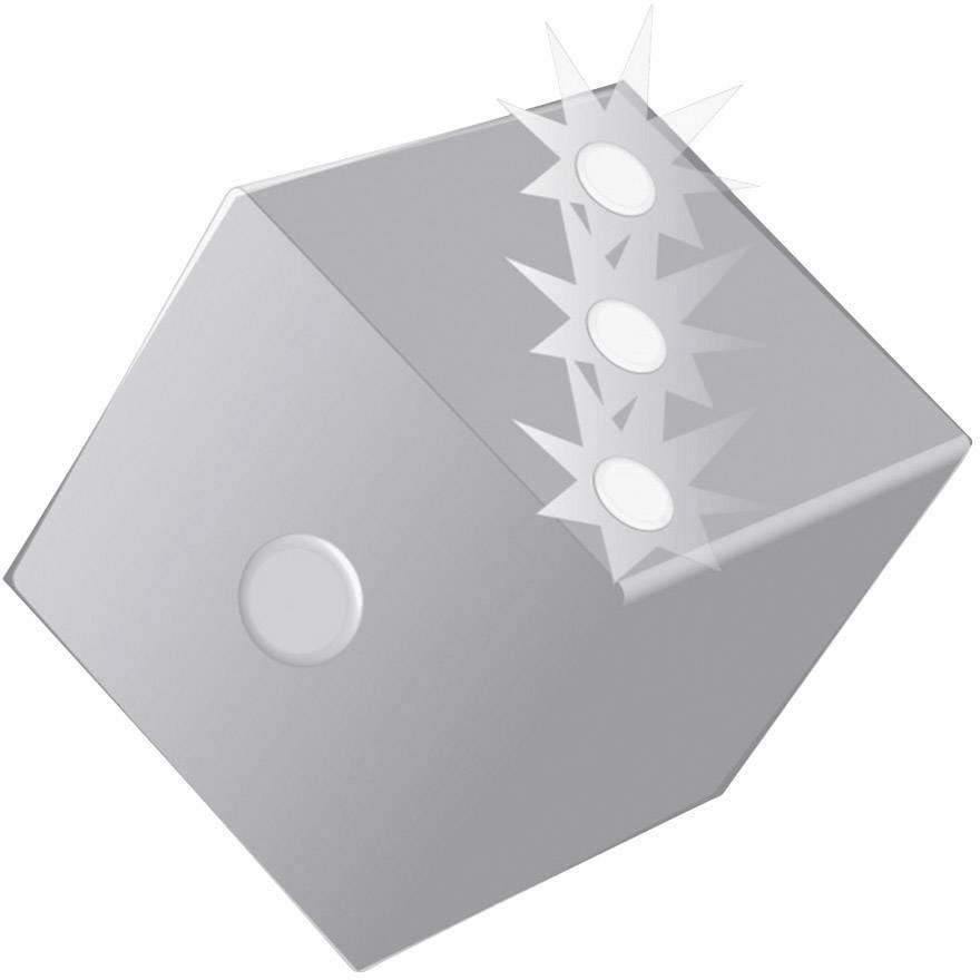 Ein silberner Würfel zeigt dynamische Bewegung durch Sternenmuster um die kreisförmigen Augen.