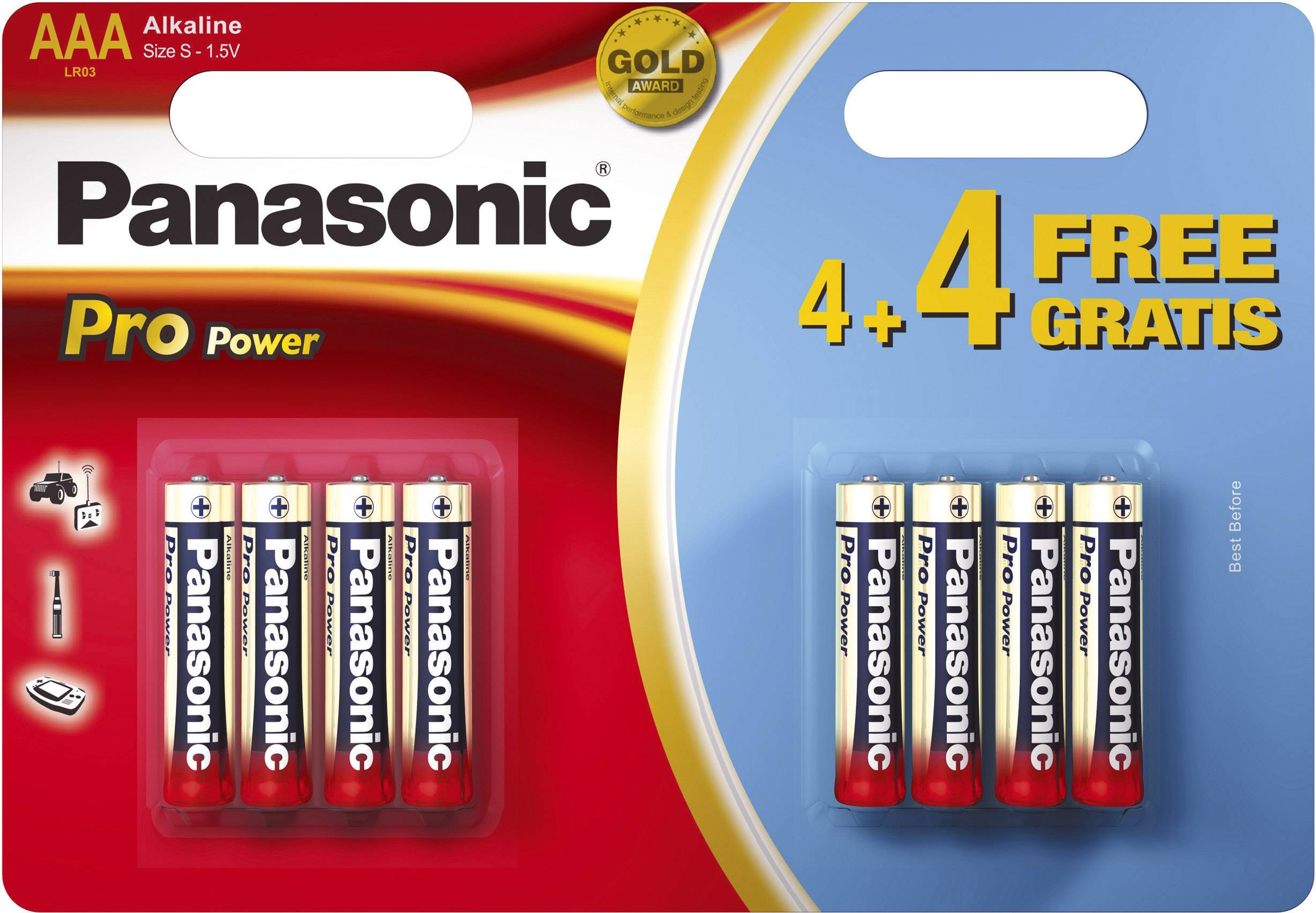 'Darstellung von Panasonic Pro Power AAA-Batterien: 4 Batterien plus 4 gratis, hervorgehoben auf rotem und blauem Hintergrund.'
