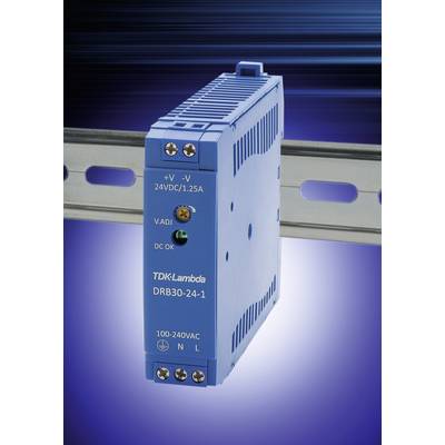 Ein blaues, rechteckiges Netzteil (TDK Lambda DRB30-24-1) ist auf einer Schiene montiert. Aufschrift zeigt '24VDC/1.25A'.