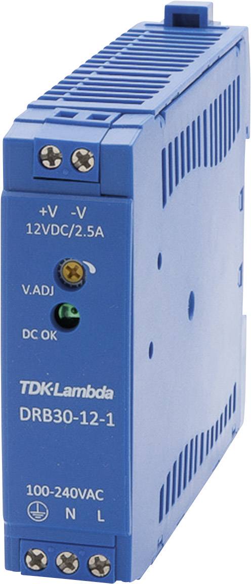 Blaues TDK-Lambda DRB30-12-1 Netzteilmodul. Es bietet +V, -V 12VDC/2.5A. Eingangsbereich: 100-240VAC. LEDs für V. ADJ und DC OK.
