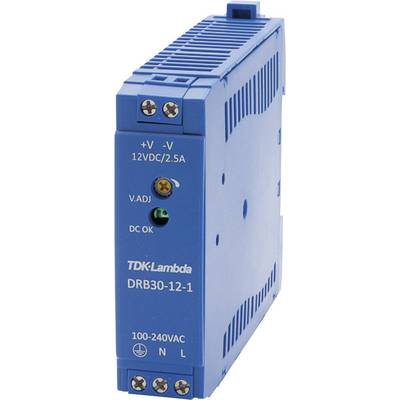 Blaues TDK-Lambda DRB30-12-1 Netzteilmodul. Es bietet +V, -V 12VDC/2.5A. Eingangsbereich: 100-240VAC. LEDs für V. ADJ und DC OK.