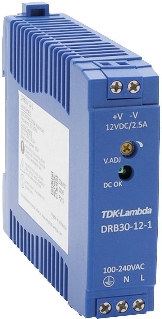Ein blaues, rechteckiges, elektronisches Netzteil der Marke TDK-Lambda mit der Modellnummer DRB30-12-1, einstellbarer Spannung und LEDs.