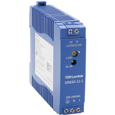 Ein blaues, rechteckiges, elektronisches Netzteil der Marke TDK-Lambda mit der Modellnummer DRB30-12-1, einstellbarer Spannung und LEDs.