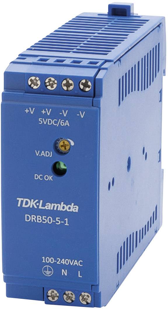 Blaues Netzteilgerät von TDK-Lambda, Modell DRB50-5-1, mit Anschlüssen und Anzeigen für Spannungseinstellung und Betriebsstatus.