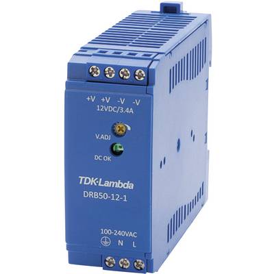 Blaues Schaltnetzteil in rechteckiger Form. Aufdruck zeigt 'TDK-Lambda DRB50-12-1'. Spannungsangabe: 12VDC/3.4A.