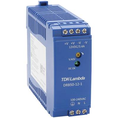 Blaues TDK-Lambda DRB50-12-1 Netzteil mit Schraubklemmen und Status-LED. Eingangsspannung: 100-240VAC; Ausgang: 12VDC/3,4A.