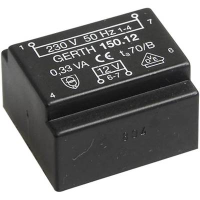 Schwarzer Transformator mit Aufschrift: '230V 50Hz 1-4, GERTH 150-12, 0,33VA, 12V'. Gerät für elektrische Spannungsumwandlung.