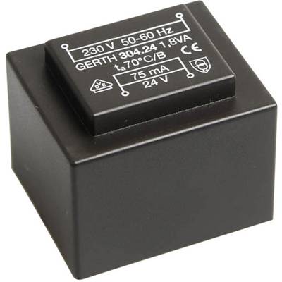 Schwarzer Transformator mit Aufschrift: '230 V 50-60 Hz, GERTH 304-24 1.8VA, 75 mA 24 V'.
