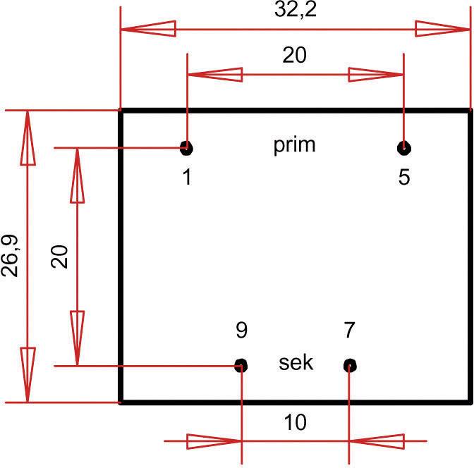 'Diagramm eines Rechtecks mit Maßen: Breite 32,2, Höhe 26,9. Punkte markiert mit 1, 5 (oben) und 9, 7 (unten). Beschriftet mit "prim" oben und "sek" unten.'