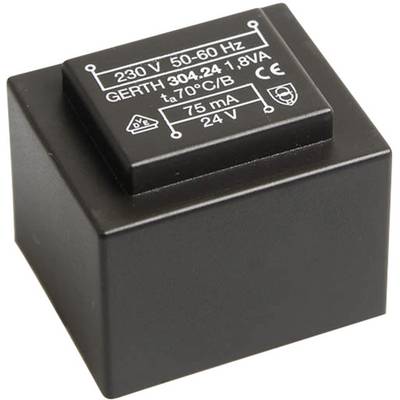 Schwarzer Transformator mit Aufschrift: '230 V, 50-60 Hz, GERTH 304.24, 1.8VA, t70°C/B, 75 mA, 24 V'.