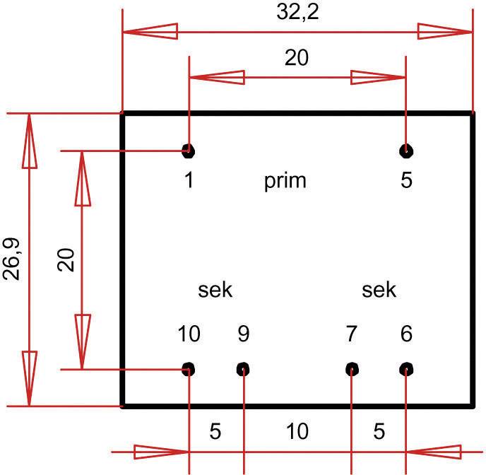 Rechteckige Schaltplan-Skizze mit den Maßen 32,2 cm x 26,9 cm. Oben 'prim' markiert, unten 'sek'. Nummerierte Punkte entlang der Kanten.