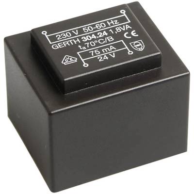 Schwarzer Transformator mit Aufschrift: '230 V 50-60 Hz, GERTH 304.24 1,8 VA, t 70°C/B, 75 mA, 24 V'. CE und andere Symbole.