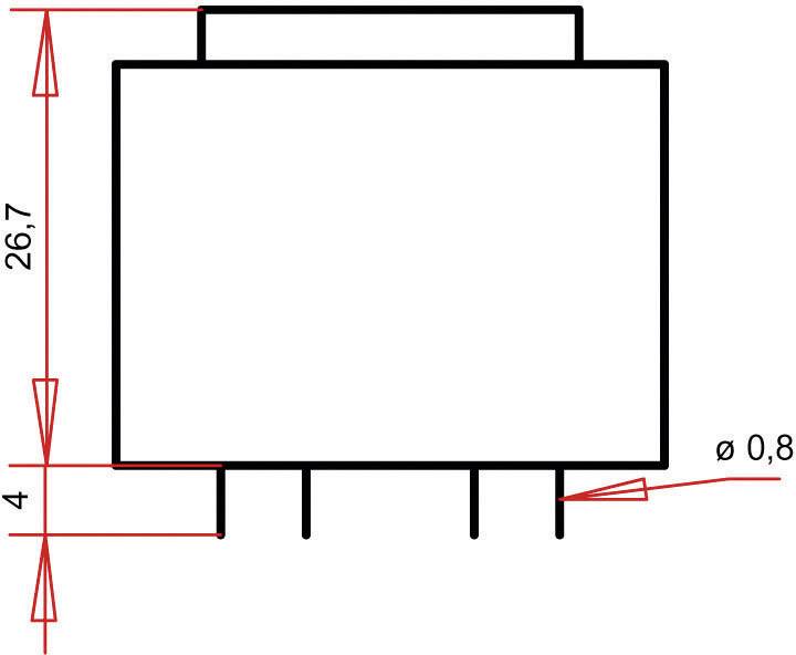 Technische Zeichnung eines rechteckigen Bauteils mit Maßen: Höhe 26,7 mm, Breite 4 mm, mit drei Anschlusspins, Bohrungsdurchmesser 0,8 mm.