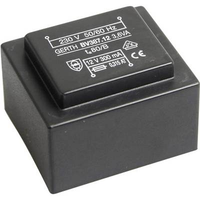 Ein schwarzer Transformator mit weißen Aufschriften zeigt technische Spezifikationen: '230 V 50/60 Hz', '12 V 300 mA', CE-Kennzeichnung.
