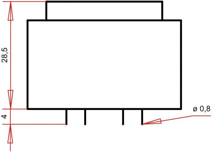 Rechteckiges Bauteil mit einer Höhe von 28,5 mm und einer Breite von 4 mm. Es hat Anschlüsse unten und einen Durchmesser von 0,8 mm.