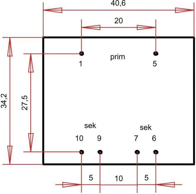 Schema einer rechteckigen Platte mit Maßen 40,6 x 34,2 cm. Markierungen: "prim" oben, vier "sek" unten, mit relevanten Abständen.