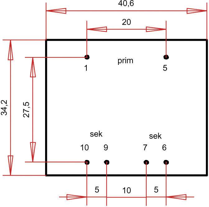 'Rechteck mit Beschriftungen: prim (1 Loch), sek (4 Löcher). Maße: Breite 40,6 cm, Höhe 34,2 cm. Weitere Maße: 20 cm, 27,5 cm.'