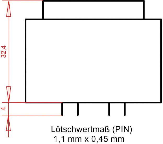 'Diagramm eines elektronischen Bauteils mit PIN. Gesamtmaße: 32,4 mm Höhe, 4 mm Breite. Lötmaß der PIN: 1,1 mm x 0,45 mm.'