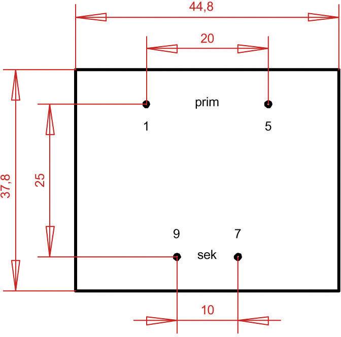 Diagramm einer rechteckigen Anordnung mit Abmessungen: Breite 44,8, Höhe 37,8. Vier Punkte markiert mit '1', '5', '9', '7'. Horizontal 'prim' oben und 'sek' unten.