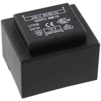 Schwarzer Transformator mit Aufschrift: '230 V 50-60 Hz, GERTH 422.12, t70/B, 5,6 VA, 12 V, 500mA'. CE- und VDE-Symbole sichtbar.