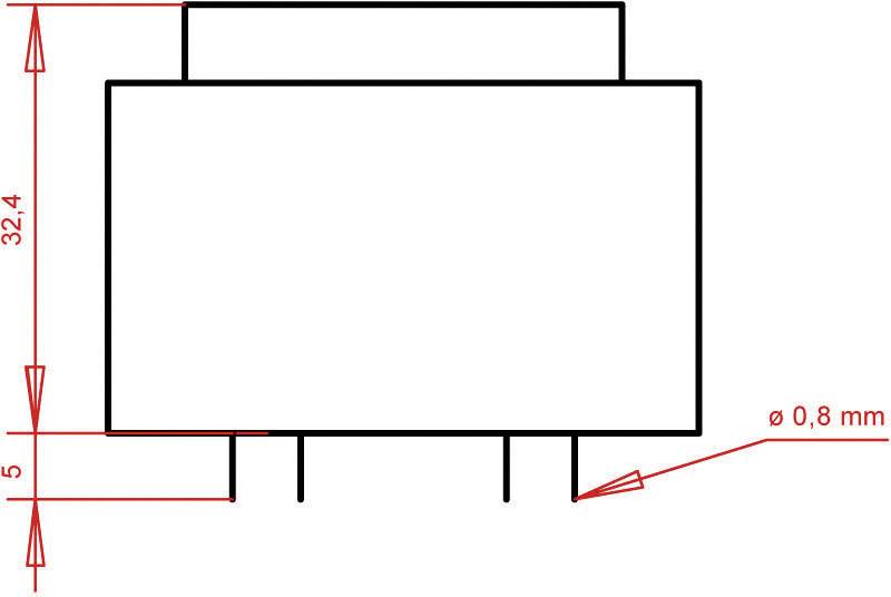 Technische Zeichnung eines rechteckigen Bauteils mit Maßen: Höhe 32,4 mm, Tiefe 5 mm, Durchmesser der Pins 0,8 mm.