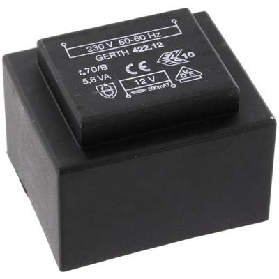 Ein schwarzer Transformator mit der Aufschrift: '230 V 50-60 Hz, GERTH 422.12, 5,6 VA, 12 V'.