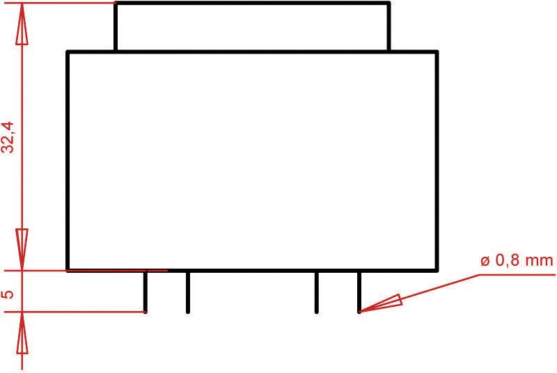 Diagramm eines rechteckigen elektrischen Bauteils mit drei Anschlüssen und angegebenen Maßen: 32,4 mm Höhe, 5 mm Breite, 0,8 mm Durchmesser der Anschlüsse.