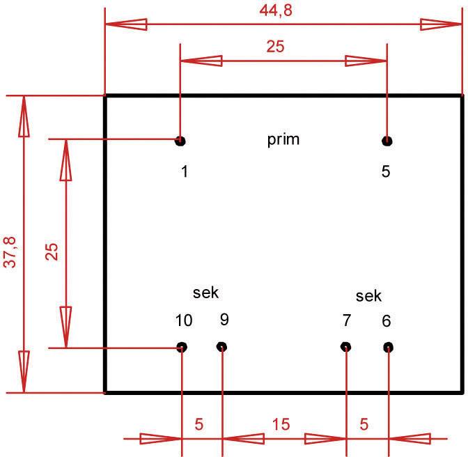 Schaltplan mit rechteckiger Box, vier Löchern oben ('prim') und vier unten ('sek'). Maße: 44,8 Breite, 37,8 Höhe. Innerhalb Box: '1', '5', '10', '9', '7', '6'.