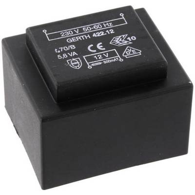 Ein schwarzer Transformator mit Aufdruck: '230 V, 50-60 Hz, 12 V, 500 mA, 5,6 VA'. CE-Zeichen und weitere Zertifizierungen sichtbar.